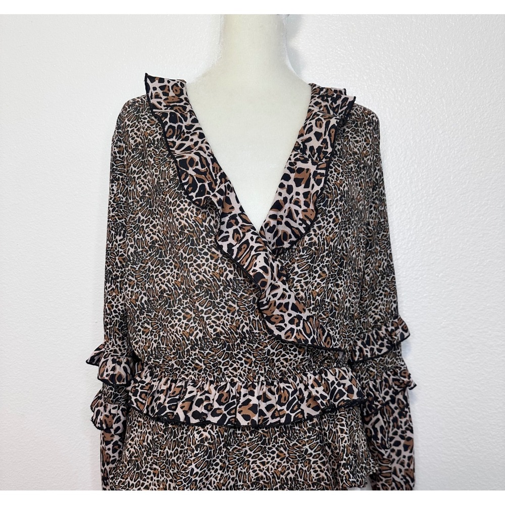 Fun Beachy Indie Western Cowgirl Leopard Print Ruffle Coquette Top Women S Brown